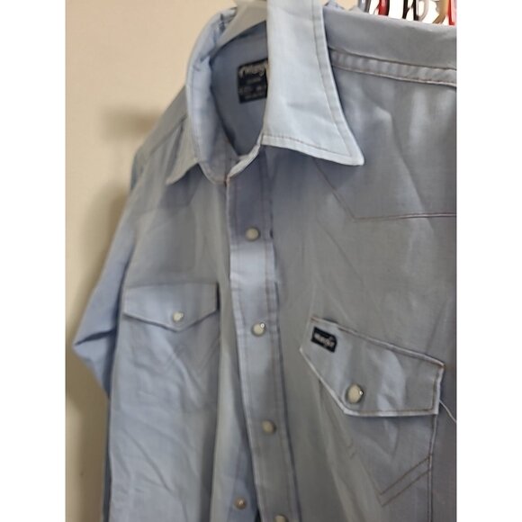 Wrangler Vintage Mens Extra Long Tails Shirt Size 15.5 Pearl Snap Blue Faded USA - Picture 6 of 16